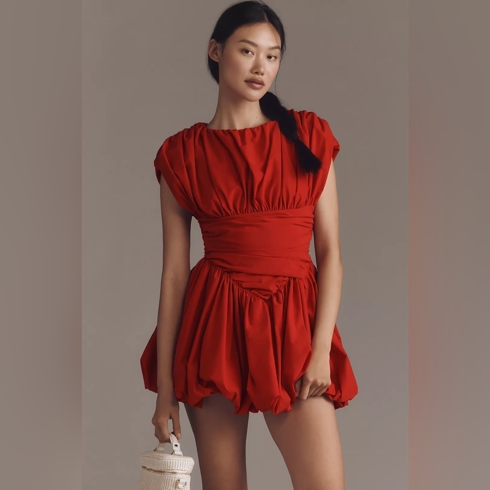 NWT! Anthropologie Red Extro&Vert Orla Sleeveless Pleated Bubble Mini Dress 🦢